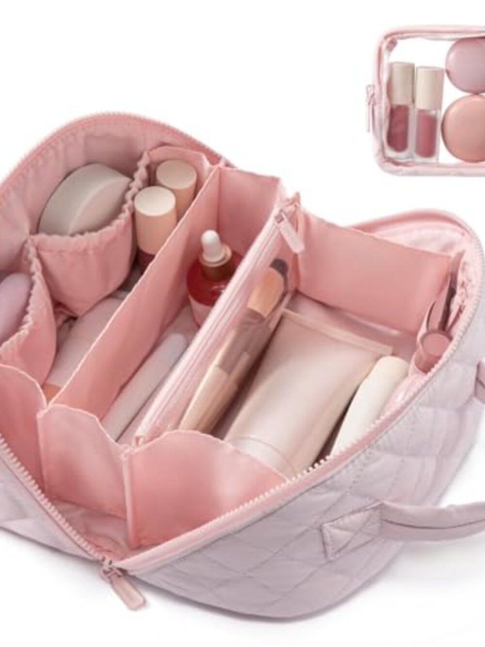 VOSTEVAS Travel Makeup Bag 180° Lay-Flat Quilted Cosmetic Organizer